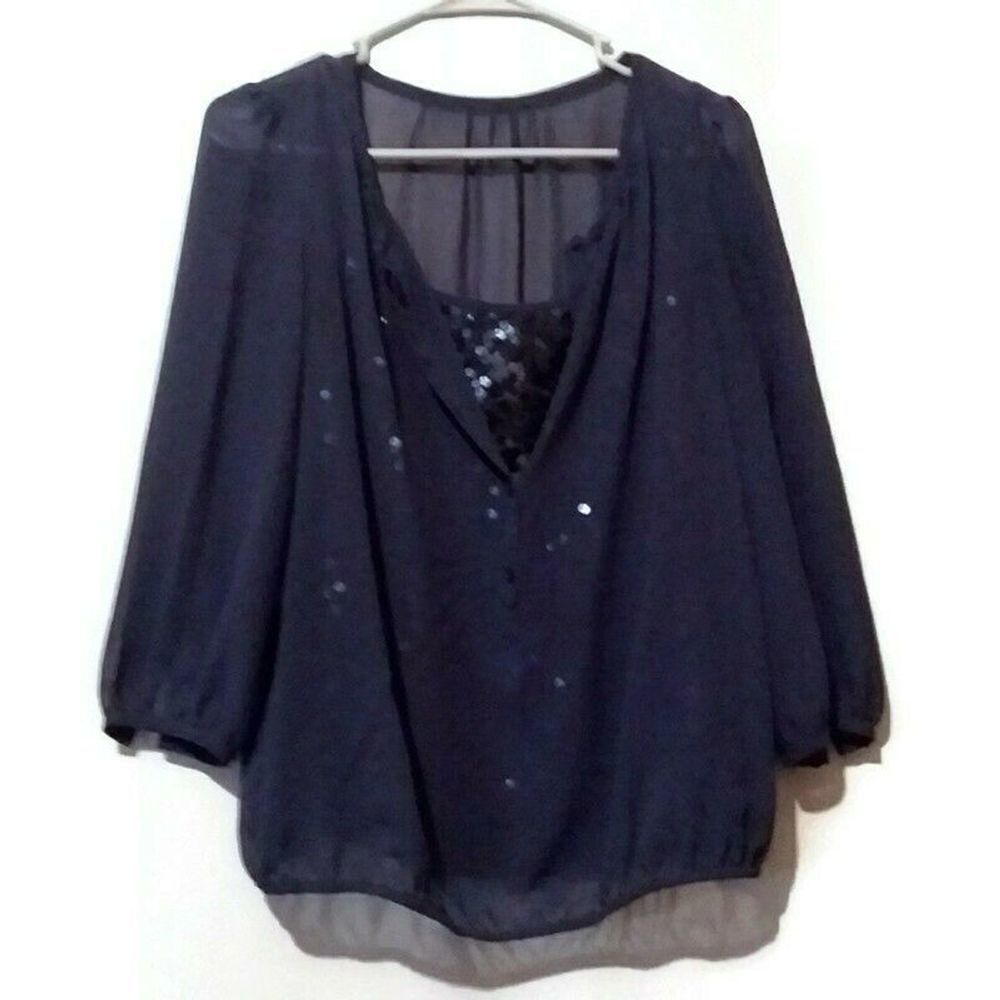 LOFT Blue Sequin Top Blouse Holiday S